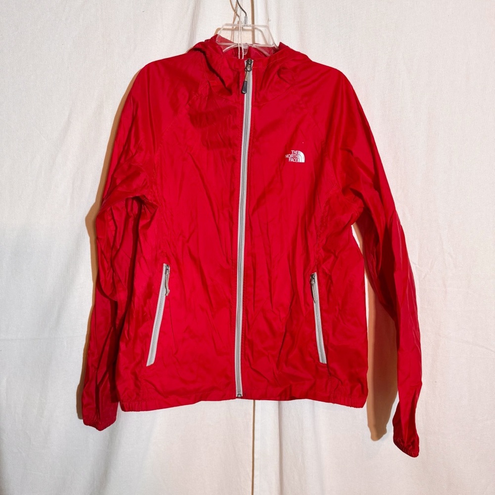 North face // red zippered windbreaker jacket with hood size large